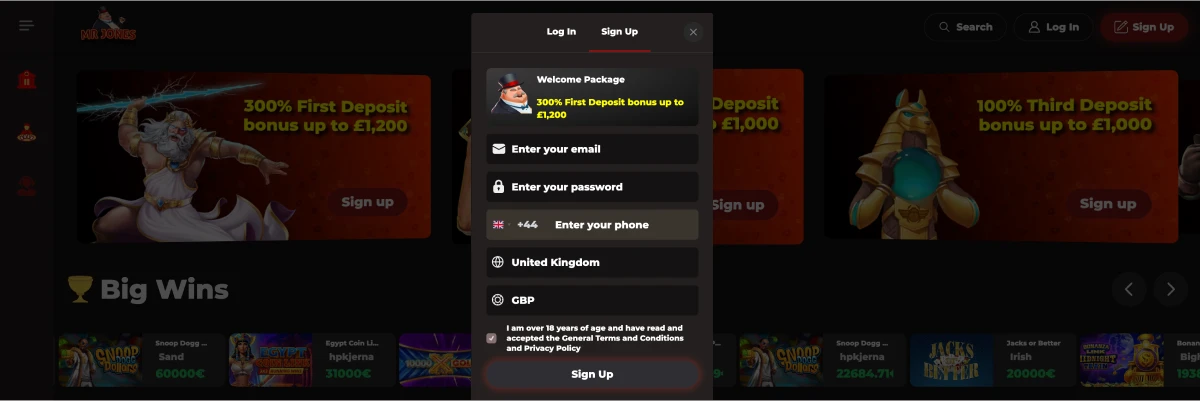 Mr Jones Casino welcome bonus – 300% first deposit offer up to £1,200