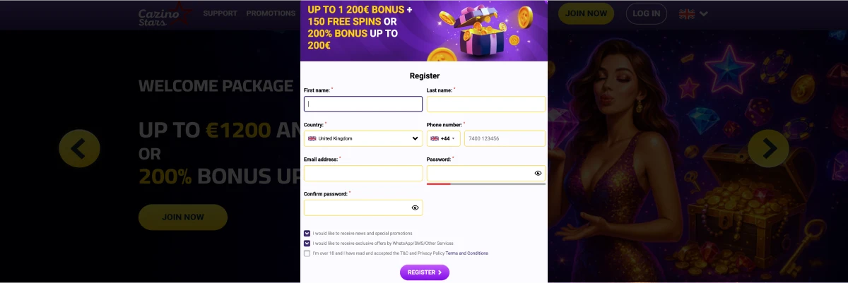 Cazino Stars registration form