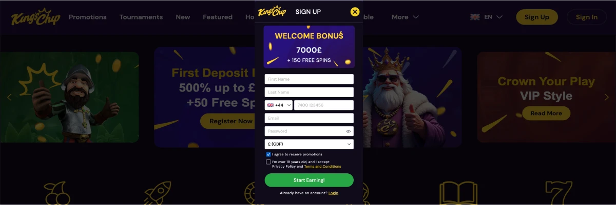 Register at King's Chip Casino to claim your bonus up to £7,000 + 150 FS